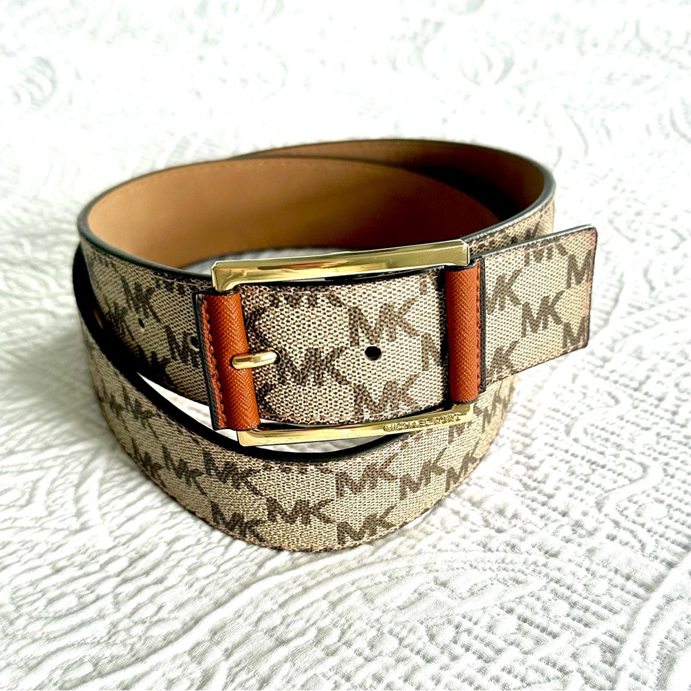 Michael Kors MK Logo Tan and Brown Belt Sz LG NWT